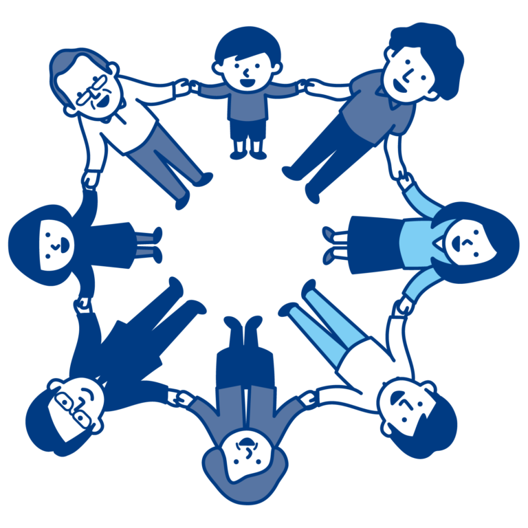 ８人で手を繋いで上を見ているイラスト